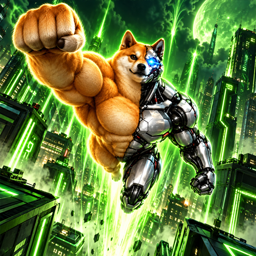 Superior Inu flying through a neon cyber city
